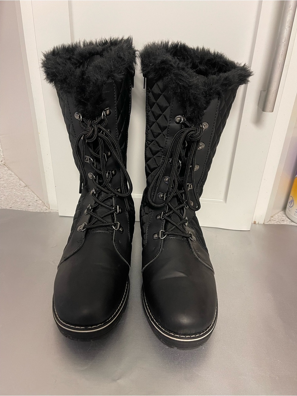 Polar Women's Black Faux-Fur Quilted Lace-Up Winter Boots Sz 9